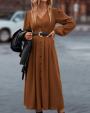 Zemira - Lässiges langen Ärmeln Kleid mit V Ausschnitt und Knopfdetails