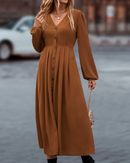 Zemira - Lässiges langen Ärmeln Kleid mit V Ausschnitt und Knopfdetails