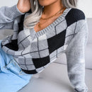 Clara - Langärmeliger V Ausschnitt Argyle Druck Strickpullover