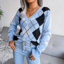 Hazel - Schicker Herbst Retro Argyle Print V-Ausschnitt Pullover für Damen