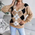 Clara - Langärmeliger V Ausschnitt Argyle Druck Strickpullover