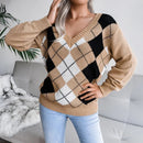 Clara - Langärmeliger V Ausschnitt Argyle Druck Strickpullover