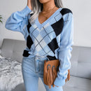 Clara - Langärmeliger V Ausschnitt Argyle Druck Strickpullover