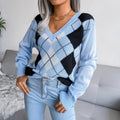 Clara - Langärmeliger V Ausschnitt Argyle Druck Strickpullover