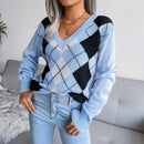 Clara - Langärmeliger V Ausschnitt Argyle Druck Strickpullover