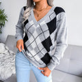 Clara - Langärmeliger V Ausschnitt Argyle Druck Strickpullover