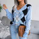 Hazel - Schicker Herbst Retro Argyle Print V-Ausschnitt Pullover für Damen