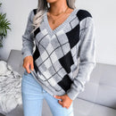 Hazel - Schicker Herbst Retro Argyle Print V-Ausschnitt Pullover für Damen