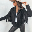 Frieda - Langärmelige überschnittene Jacke mit Reverskragen und Fransendetail