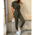 Susanne - Stylischer kurzärmeliger Jumpsuit mit Gürtel Knopfleiste und Revers