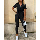 Susanne - Stylischer kurzärmeliger Jumpsuit mit Gürtel Knopfleiste und Revers