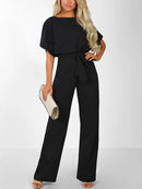 Zareen – Lässiger langer Jumpsuit mit Rüschengürtel kurzen Ärmeln und geradem Bein