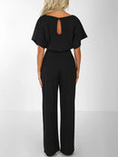 Zareen – Lässiger langer Jumpsuit mit Rüschengürtel kurzen Ärmeln und geradem Bein
