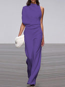 Anya - Modischer ärmelloser Jumpsuit mit Rundhalsausschnitt und weitem Bein