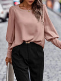 Zayla - Lässiger Rundhalsausschnitt lockere Bluse mit Laterne Lange Ärmel