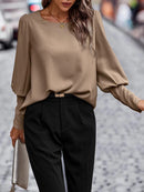 Zayla - Lässiger Rundhalsausschnitt lockere Bluse mit Laterne Lange Ärmel