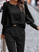 Zayla - Lässiger Rundhalsausschnitt lockere Bluse mit Laterne Lange Ärmel