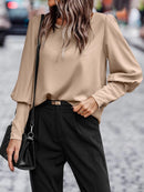 Zayla - Lässiger Rundhalsausschnitt lockere Bluse mit Laterne Lange Ärmel