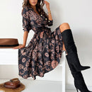 Luisa - Modisches Leace Up tiefem V Ausschnitt Vintage Kleid mit langen Ärmeln