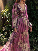 Isadora - V Ausschnitt Langärmelig Blumen Lang Kleid