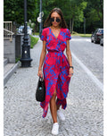 Marie – Elegantes Blumendruck langes Kleid mit V Ausschnitt und kurzen Ärmeln