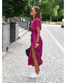 Marie – Elegantes Blumendruck langes Kleid mit V Ausschnitt und kurzen Ärmeln