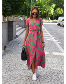 Marie – Elegantes Blumendruck langes Kleid mit V Ausschnitt und kurzen Ärmeln