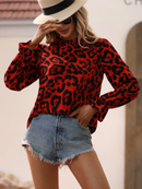 Aria - Langärmelig Plissiert Kragen Leopard Bluse