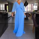Alisa – Elegantes Plissee Longkleid mit V Ausschnitt und Fledermausärmeln