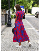 Marie – Elegantes Blumendruck langes Kleid mit V Ausschnitt und kurzen Ärmeln