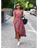 Marie – Elegantes Blumendruck langes Kleid mit V Ausschnitt und kurzen Ärmeln