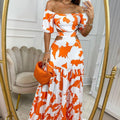 Jasmin – Stylisches Schulterfrei Maxikleid mit Ausgeschnitten und Print
