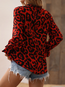 Aria - Langärmelig Plissiert Kragen Leopard Bluse