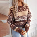 Lena - Lässig Langärmelig Gestrickter Kontrast Rundhals Pullover