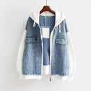 Emilia - Warme Langärmelig Reißverschluss Kapuze Denim Jacke