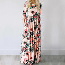 Liora – Elegantes Maxikleid mit Blumenmuster Rundhalsausschnitt und langen Ärmeln