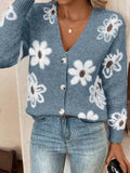Emilia - Langärmelig V Ausschnitt Blumendruck Strickjacke Mit Knöpfen