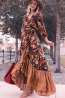 Freya -  V Ausschnitt Langärmelig Geblümtes Vintage Kleid