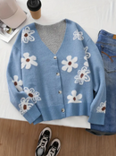 Emilia - Langärmelig V Ausschnitt Blumendruck Strickjacke Mit Knöpfen