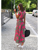 Marie – Elegantes Blumendruck langes Kleid mit V Ausschnitt und kurzen Ärmeln
