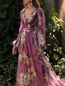 Isadora - V Ausschnitt Langärmelig Blumen Lang Kleid