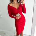 Sibylla - Modisches Taillenkleid mit V Ausschnitt und langen Ärmeln