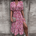 Alina – Modisches V Ausschnitt Blumendruck Kleid mit kurzen Ärmeln und Seitenschlitz