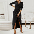 Zilia - Modischer V Ausschnitt schlanke Passform Split Kleid mit langen Ärmeln