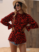 Aria - Langärmelig Plissiert Kragen Leopard Bluse