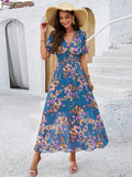 Sonja - Luxuriöses Kleid mit V Ausschnitt und Blumenmuster und kurzen Ärmeln