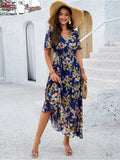 Sonja - Luxuriöses Kleid mit V Ausschnitt und Blumenmuster und kurzen Ärmeln
