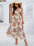 Sonja - Luxuriöses Kleid mit V Ausschnitt und Blumenmuster und kurzen Ärmeln
