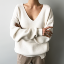 Yulia - Lässiger lockerer Pullover mit V Ausschnitt und langen Ärmeln