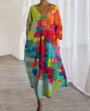 Annika – Modisches bedrucktes Langarmkleid mit V Ausschnitt und Seitentaschen